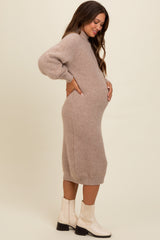 Beige Mock Neck Bubble Sleeve Maternity Midi Sweater Dress