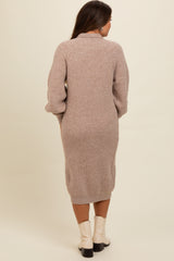 Beige Mock Neck Bubble Sleeve Maternity Midi Sweater Dress