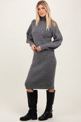 Charcoal Mock Neck Bubble Sleeve Midi Sweater Dress