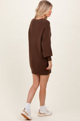 Brown Half Button Up Mini Sweater Dress