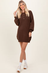 Brown Half Button Up Mini Sweater Dress