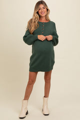 Forest Green Half Button Up Maternity Mini Sweater Dress