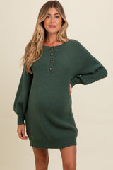 Forest Green Half Button Up Maternity Mini Sweater Dress