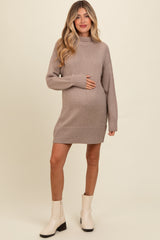 Light Taupe Turtle Neck Maternity Mini Sweater Dress