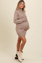 Light Taupe Turtle Neck Maternity Mini Sweater Dress