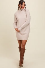 Beige Turtle Neck Mini Sweater Dress