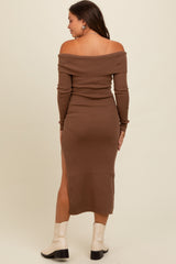 Brown Off Shoulder Ribbed Knit Side Slit Maternity Midi Dress