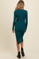 Deep Teal Ribbed Fitted Mock Neck Long Sleeve Maternity Midi Dress