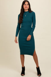 Deep Teal Ribbed Fitted Mock Neck Long Sleeve Midi Dress