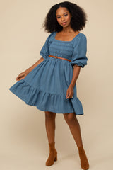 Blue Vintage Wash Chambray Smocked Maternity Midi Dress