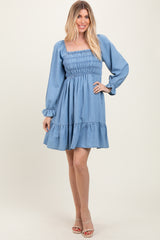 Light Blue Vintage Wash Chambray Smocked Midi Dress