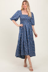 Blue Floral Smocked Hi-Low Puff Sleeve Maxi Dress