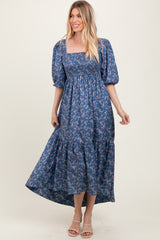 Blue Floral Smocked Hi-Low Puff Sleeve Maxi Dress