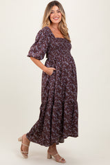 Plum Floral Smocked Hi-Low Puff Sleeve Maternity Maxi Dress