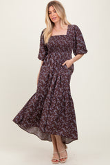 Plum Floral Smocked Hi-Low Puff Sleeve Maxi Dress