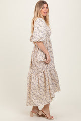 Ivory Floral Smocked Hi-Low Puff Sleeve Maxi Dress