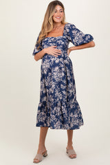 Light Navy Floral Pleated Bodice Maternity Midi Dress