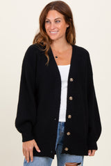 Black Knit Oversized Button Down V-Neck Cardigan