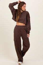 Brown Oversized Crop Sweatshirt Cargo Sweatpant Set