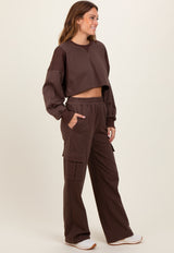 Brown Oversized Crop Sweatshirt Cargo Sweatpant Set