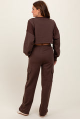 Brown Oversized Crop Sweatshirt Cargo Sweatpant Set