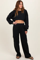 Black Oversized Crop Sweatshirt Cargo Sweatpant Maternity Set