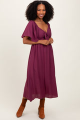 Plum Front Tie Ruffle Sleeve Midi Dress