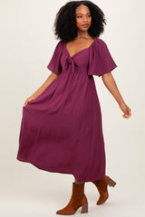 Plum Front Tie Ruffle Sleeve Midi Dress