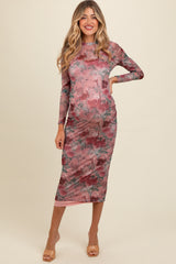 Mauve Floral Printed Mesh Overlay Maternity Maxi Dress