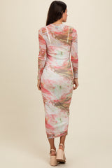 Pink Abstract Printed Mesh Overlay Maxi Dress