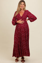 Burgundy Floral Smocked Button Detail Maternity Maxi Dress