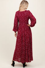 Burgundy Floral Smocked Button Detail Maxi Dress