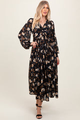 Black Floral Chiffon Twist Front Wrap Maxi Dress