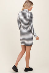 Ivory Striped Mock Neck Long Sleeve Fitted Dress