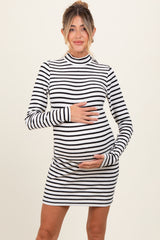 Ivory Striped Mock Neck Long Sleeve Maternity Fitted Dress