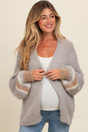 Light Grey Brushed Knit Striped Sleeve Maternity Cardigan