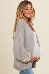 Light Grey Brushed Knit Striped Sleeve Maternity Cardigan