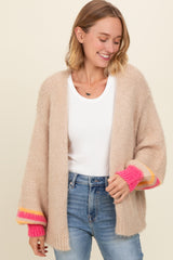 Beige Brushed Knit Striped Sleeve Maternity Cardigan