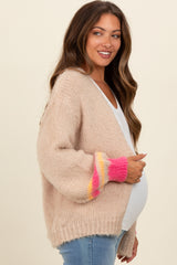 Beige Brushed Knit Striped Sleeve Maternity Cardigan