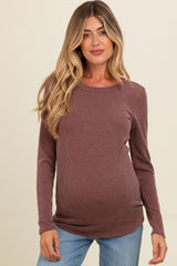 Brown Ribbed Scoop Neck Long Sleeve Maternity Top