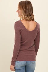 Brown Ribbed Scoop Neck Long Sleeve Top