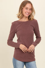 Brown Ribbed Scoop Neck Long Sleeve Top