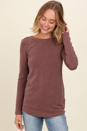 Brown Ribbed Scoop Neck Long Sleeve Top