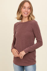 Brown Ribbed Scoop Neck Long Sleeve Top