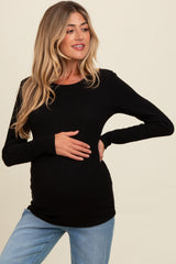 Black Ribbed Scoop Neck Long Sleeve Maternity Top