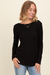 Black Ribbed Scoop Neck Long Sleeve Top