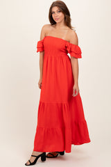 Red Smocked Ruffle Off Shoulder Tiered Maxi Dress