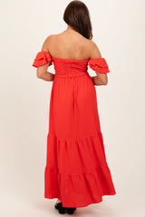 Red Smocked Ruffle Off Shoulder Tiered Maxi Dress