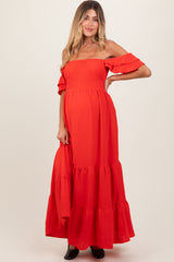 Red Smocked Ruffle Off Shoulder Tiered Maternity Maxi Dress