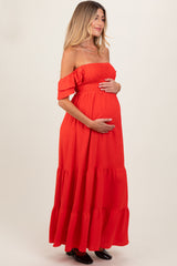 Red Smocked Ruffle Off Shoulder Tiered Maternity Maxi Dress